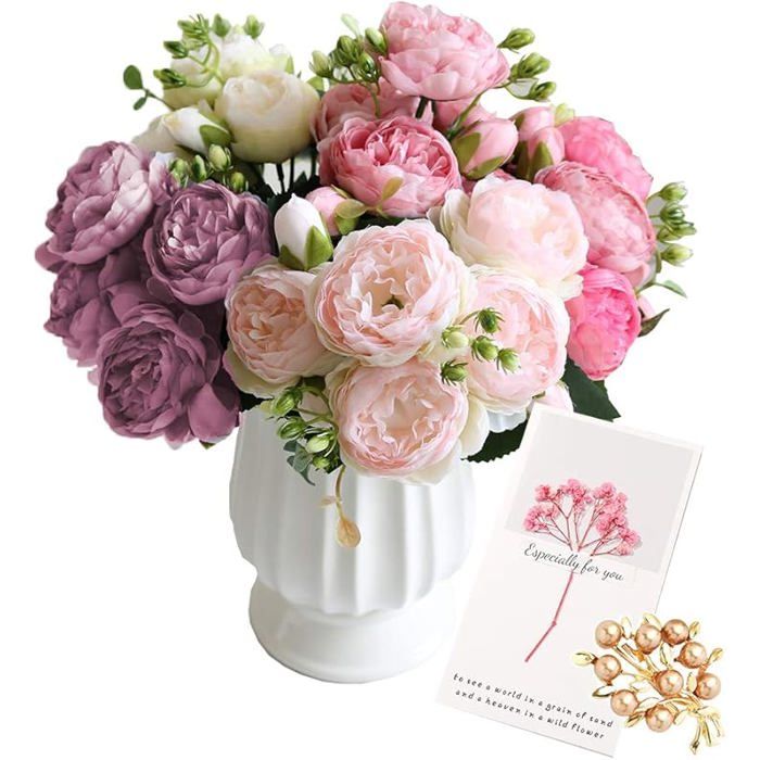 4 Bouquets de Fleurs artificielles en Soie – Pivoine fausse fleur (rose+rose clair+blanc+violet) blanc FLEUR-PLANTE ARTIFICIELLE