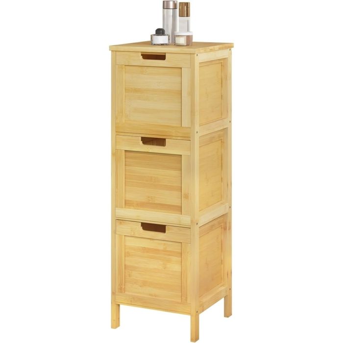 Meuble de Salle de Bain en Bambou - EUGAD Armoire Étroite à 3 Niveaux - Tiroirs Amovibles - 30x30x90cm