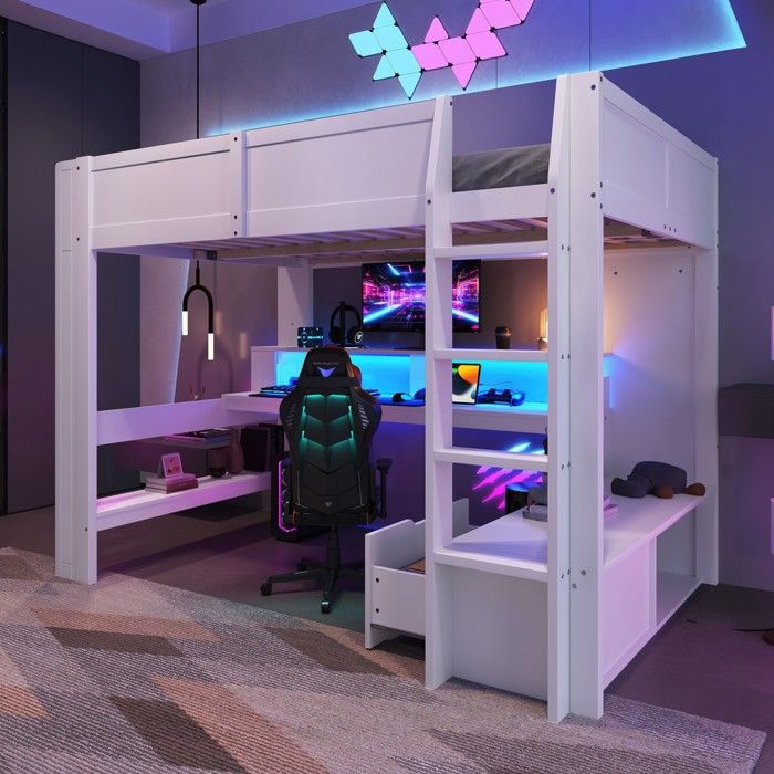 Lit superposé gaming - PAGE Living - 140x200 - Éclairage LED 16 couleurs - Bureau intégré