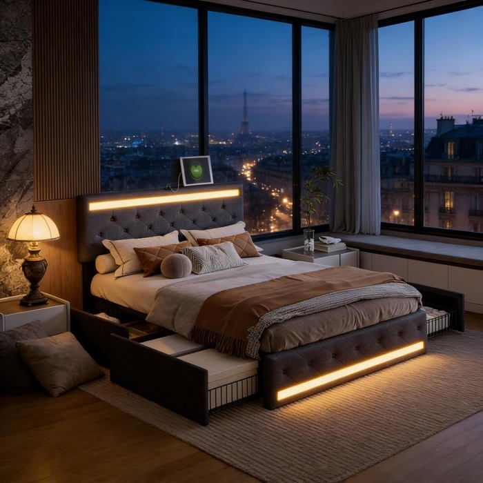 Lit Double 140x200 sommier & 4 tiroirs rembourré lin tête LED & USB/Type-C design gris adulte & chambre damis