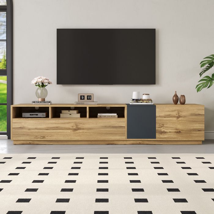 Meuble TV bas 200 cm 3 niches ouvertes passe-câbles 3 portes rangement charge 50 kg panneau effet bois gris noir