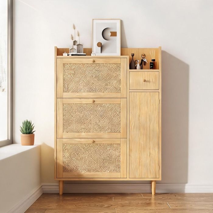 Meuble à chaussures mural mince en MDF et rotin naturel 3 portes basculantes 1 tiroir style scandinave 90 x 17 x 125 cm