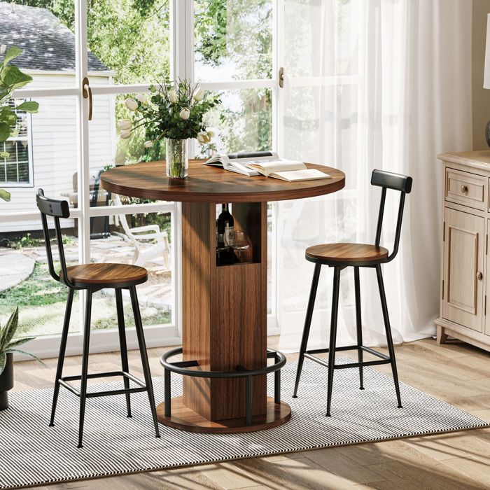 Modenuit Ensemble table de bar 3 pièces table haute ronde 80 cm avec rangement 2 tabourets noyer et noir