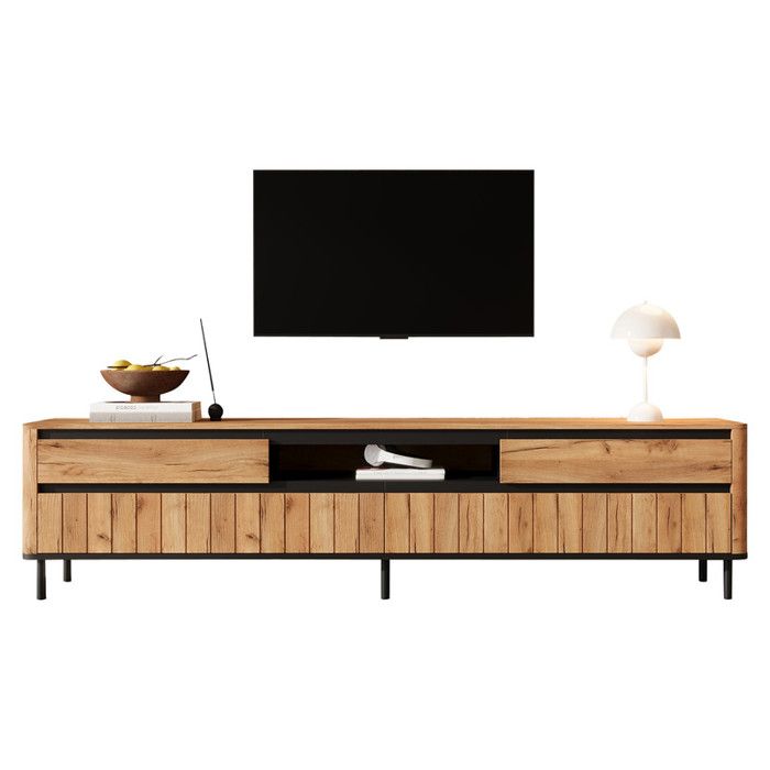 Meuble TV 180x40x52cm avec 2 tiroirs et 2 portes pliantes 6 pieds en métal modern TV Board Pour Salon Couleur Bois Naturel