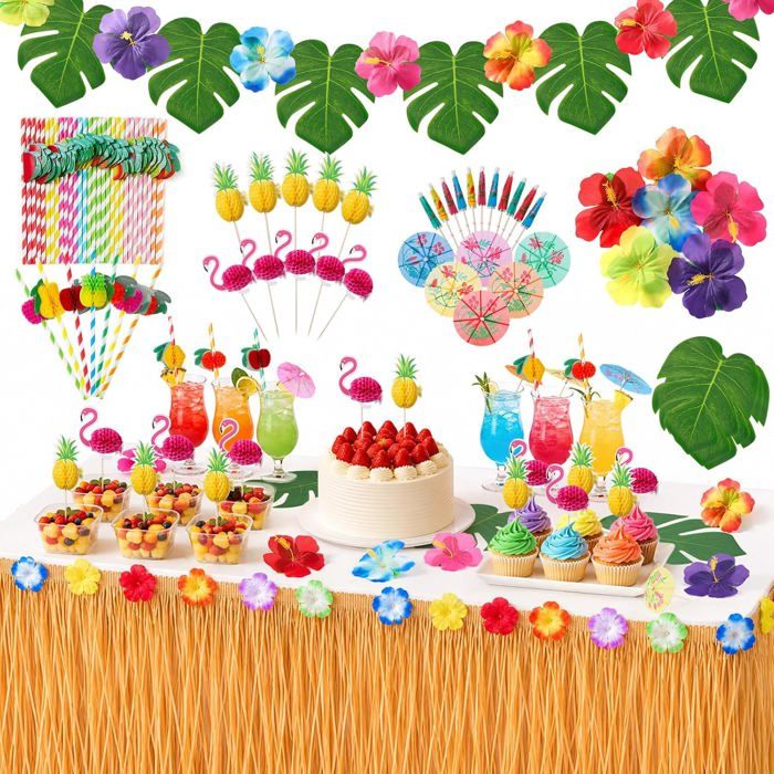 Jupe table hawaïenne 96 pieds feuilles palmier fleurs tropicales pailles papier topper ananas flamant rose