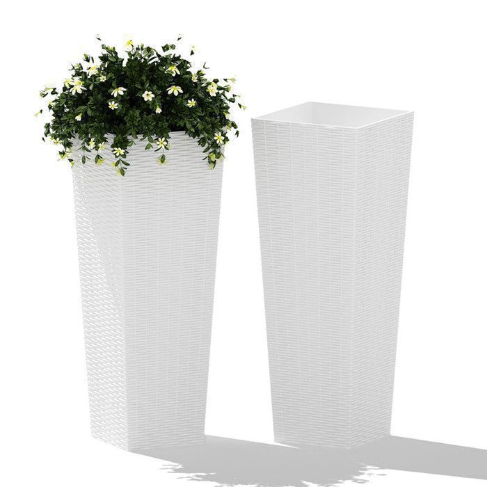 Lot 2 pots de fleurs hauts 81cm – Aspect rotin design carré effilé – Drainage intégré bacs amovibles – Intérieur/extérieur – Blanc