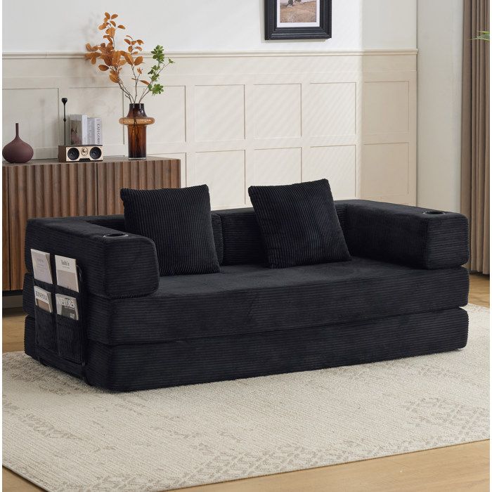 WOVREO Canapé convertible compressé en tissu corduroy noir avec accoudoirs porte-gobelet et poche latérale