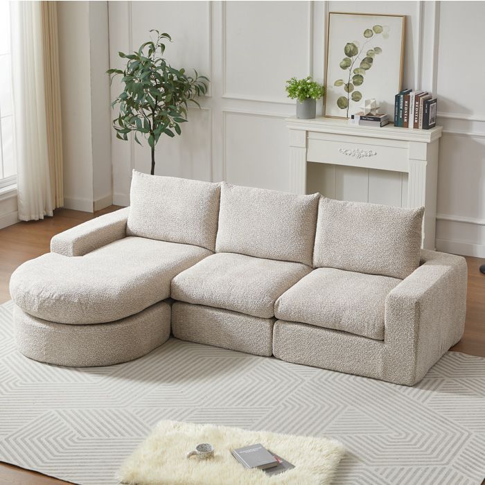 Canapé d’angle modulable en chenille beige méridienne réversible 3 places compressé sans montage