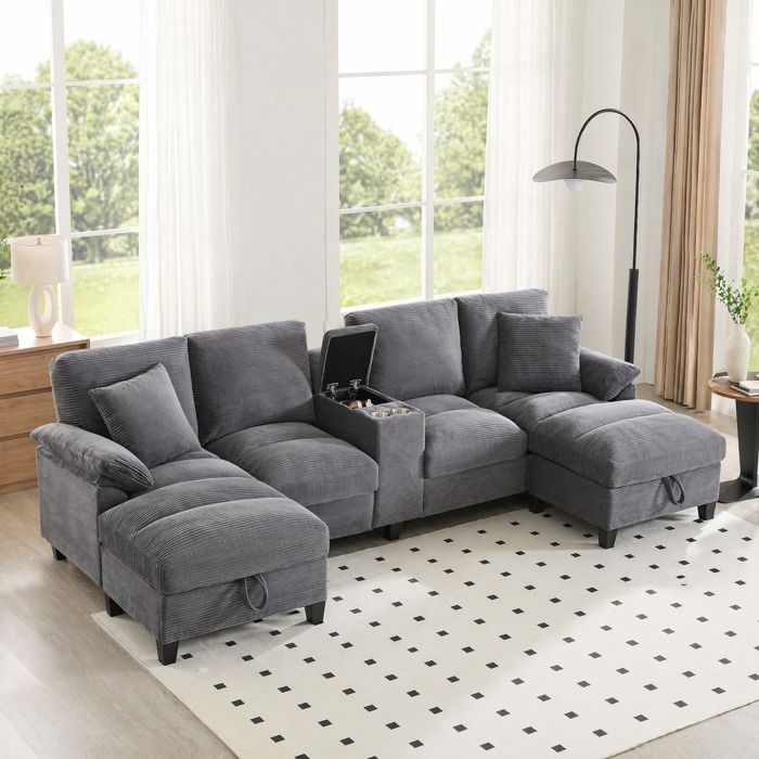 Canapé dangle - ZEVKOR - Canapé dangle en U - 4 places - Rangement caché - 2 ports USB - Porte-gobelet inox