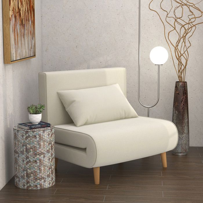 Maisentiel canapé convertible 1 place blanc cassé dossier réglable 6 positions aspect lin pieds en bois