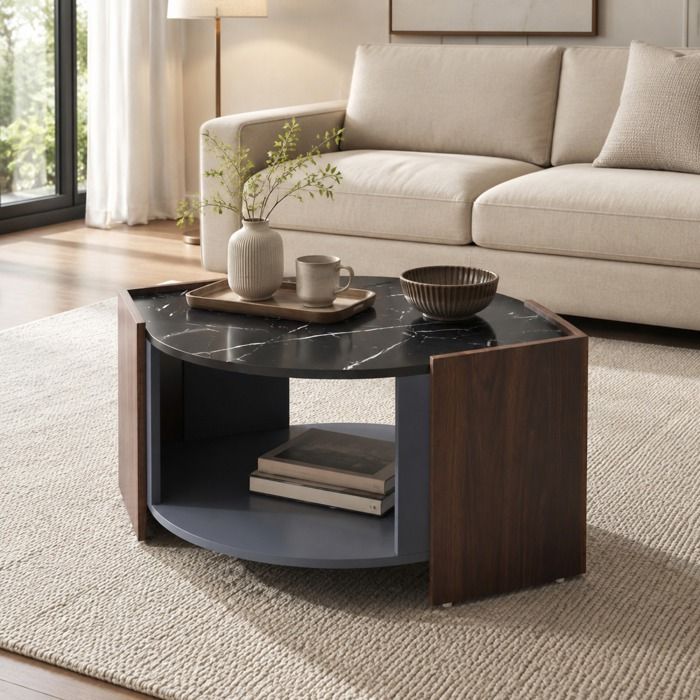 Table basse 965 x 63 x 40 cm en panneaux de particules noir et bois effet marbre avec rangement ouvert salon