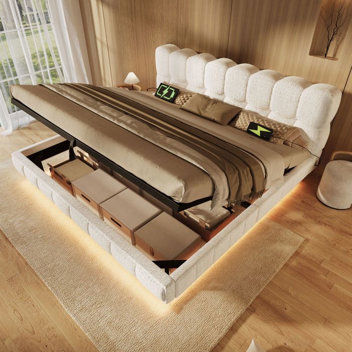 Lit Nuage LED 180x200 cm Lit 2 Places avec Rangement Hydraulique et Ports USB-C - Beige