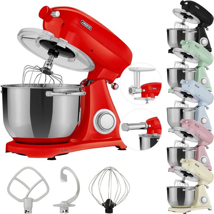 AREBOS Robot Pâtissier Professionnel 1800W Retro  Rouge  Faible Bruit  Robot de Cuisine Multifonction  6 Litres  6 Vitesses
