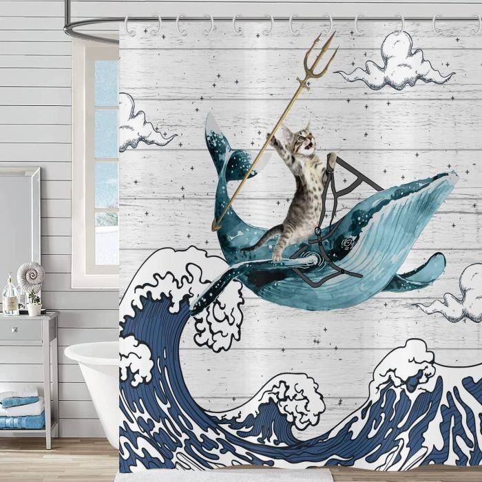 Rideau De Douche Drôle De Chat 120X180, Chat Cool Chevauchant Une Baleine Avec Japon Kanagawa