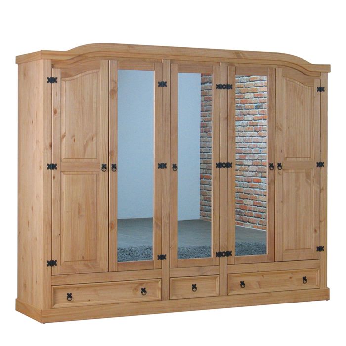 New Mexico Armoire 5 portes avec 3 portes miroirs 2 portes lambrissées et 3 tiroirs délavés cirés. New Mexico Armoire 5 portes avec 3 portes miroirs 2 portes lambrissées et 3 tiroirs délavés cirés.