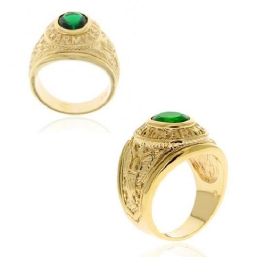 Bague Chevaliere Americaine Army T66 Vert Emeraude Plaque Or