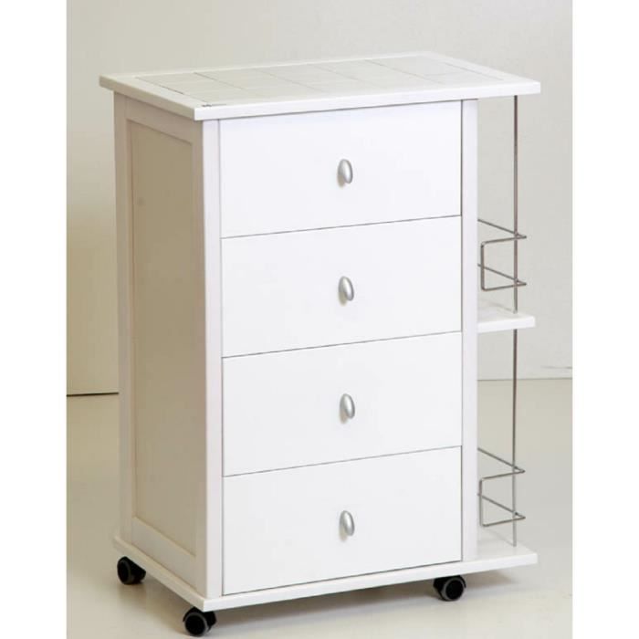 Commode à roulettes POKER - BLANC LAQUE - Bois massif - Tiroirs - Porte-bouteille