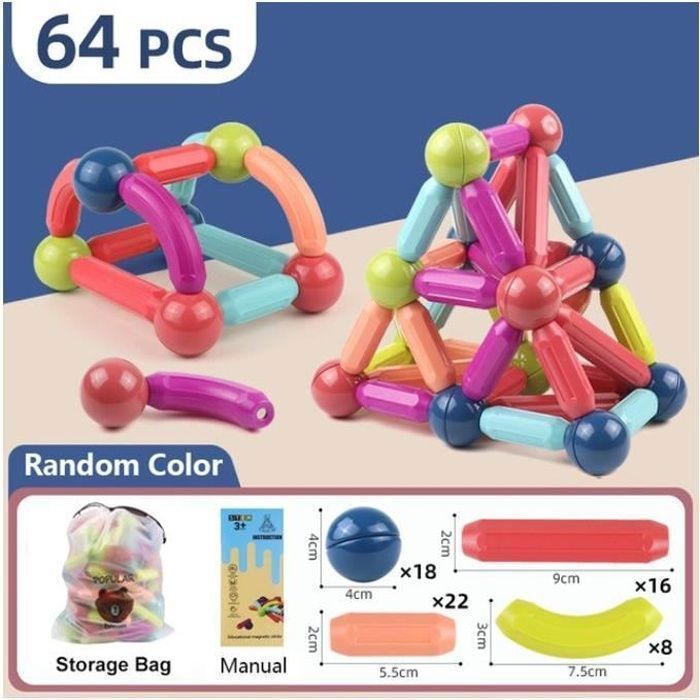Jeu de construction magnétique 64 piècesJeu de boules et bâtons Jouets éducatifs pour enfantsCadeaux de Noëlcadeaux de vacances