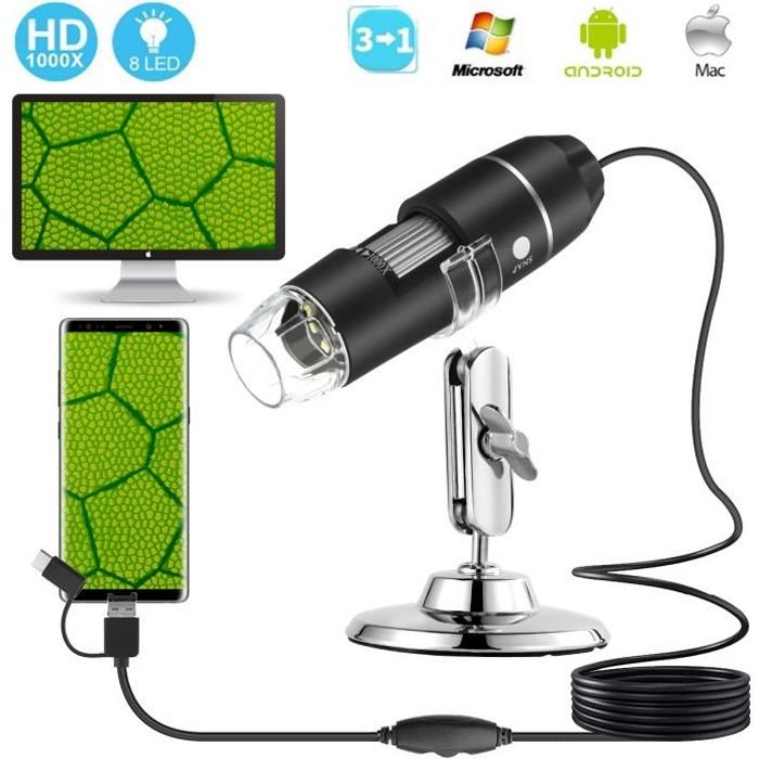 Microscope numérique USB 1000X 3 en 1 type-c, caméra 8 LED loupe