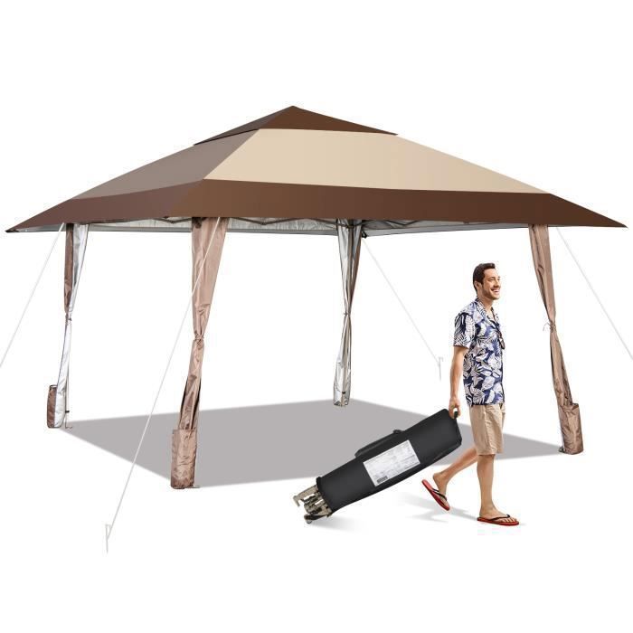 COSTWAY Tonnelle de Jardin Pliante 4 x 4M Supports en Fer et Roues Imperméable UPF 50+ Hauteur 265-285CM Avant-Toits Sac Portable