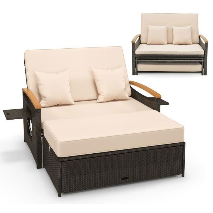 COSTWAY Salon de Jardin en Rotin PE - Ottoman de Rangement Dossier Réglable à 4 Positions Plateau Latéral Rétractable - Beige