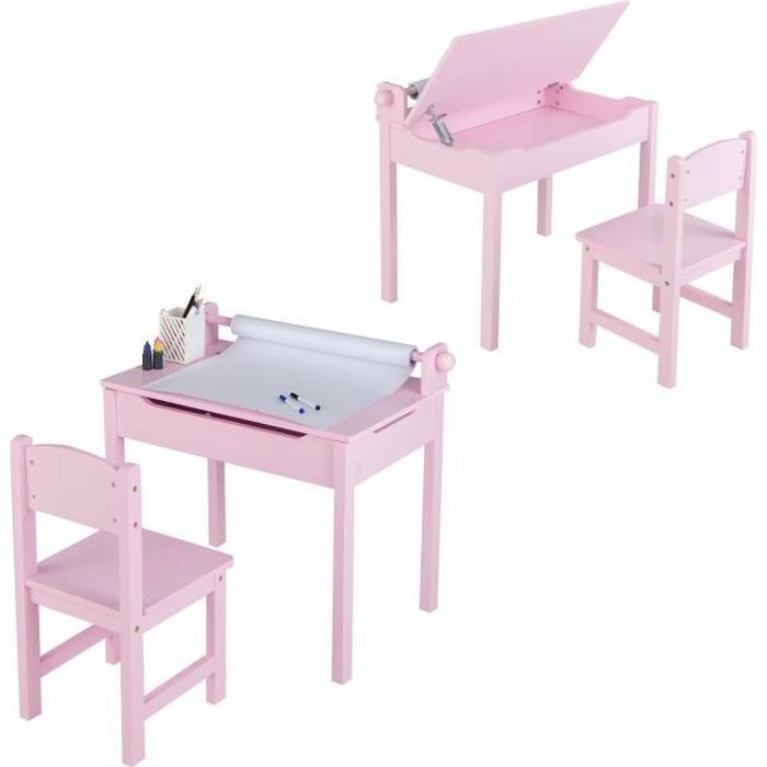 Table Avec Chaise Pour Enfant FANTASK - Plateau Pliable Avec Rangement, Porte-rouleau De Papier Inclus - Blanc, Dimensions 60x40x40 Cm - Pour Dessin, Jeux, Activités Créatives