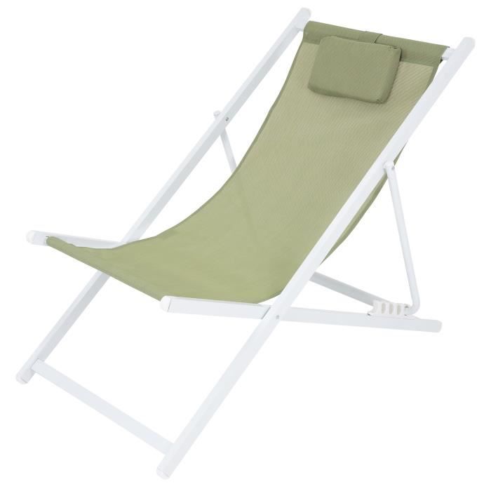 ecd germany chaise longue pliante en aluminium, vert, chilienne de plage avec coussin, dossier réglable en 4 sens, robuste