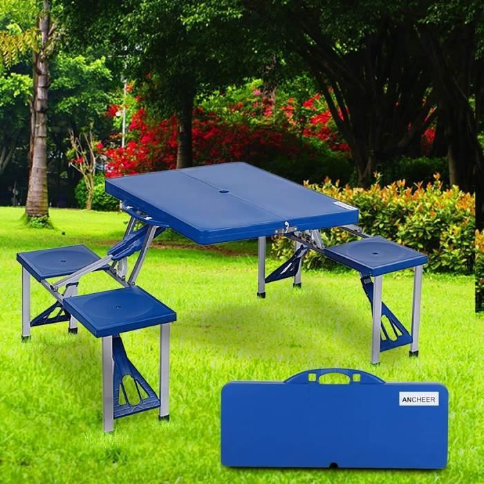 Table Pliante Camping Portable 85 66 67cm Avec 4 Sieges Bleu