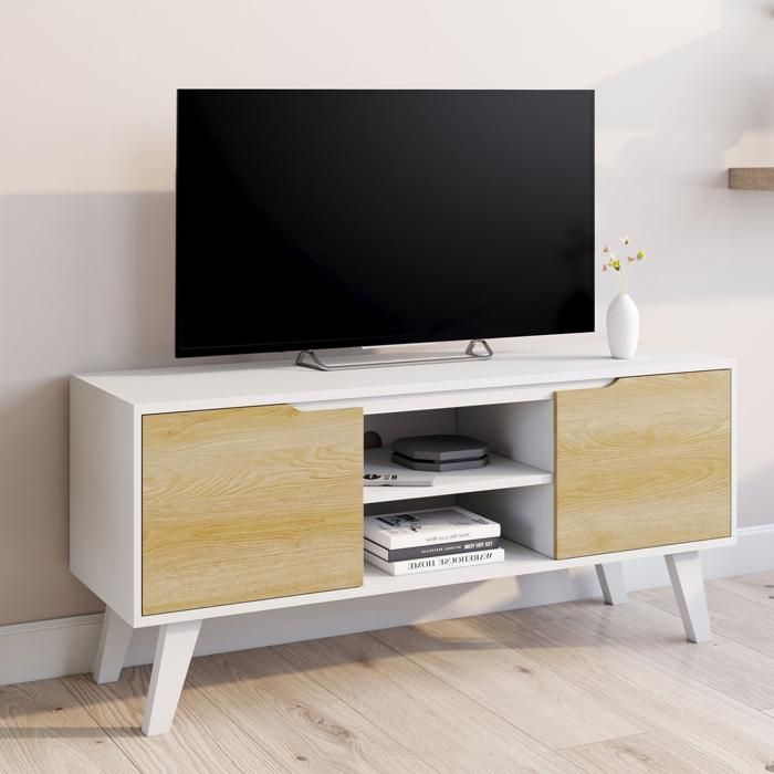 Meuble TV 110 cm FINN blanc 2 portes façon hêtre Meuble TV 110 cm FINN blanc 2 portes façon hêtre