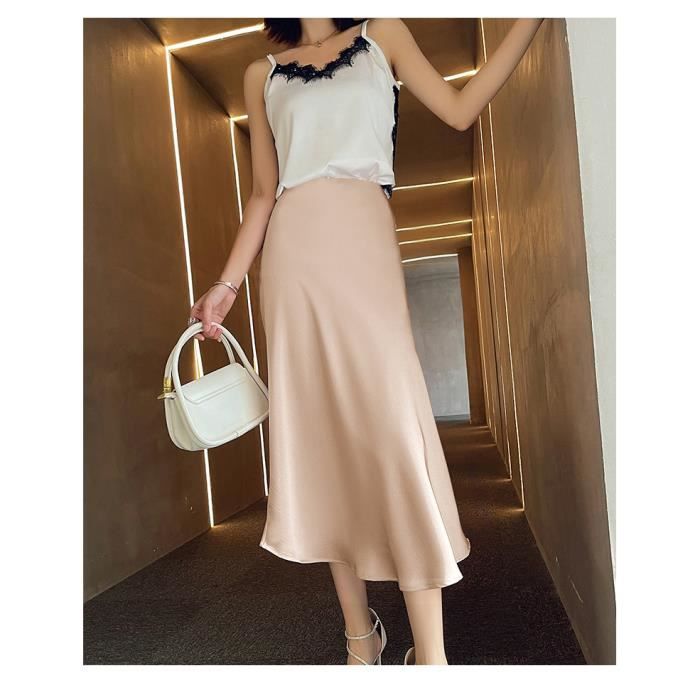 Jupe Maxi été En Satin GRECERELLE - Taille Haute Décontractée Zip Pour Fête, Mariage, Vacances