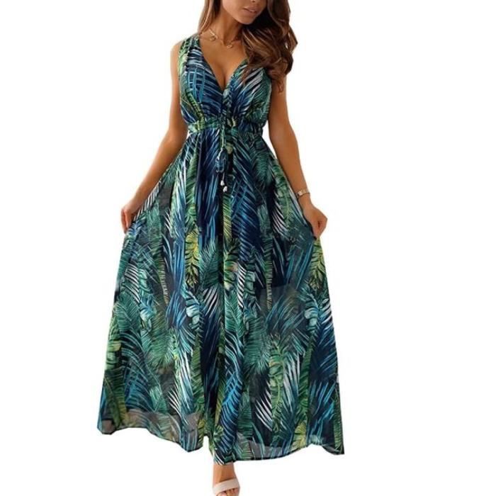 Robe Longue Boh me Femme Col V Taille Haute Imprim Cocktail Sans
