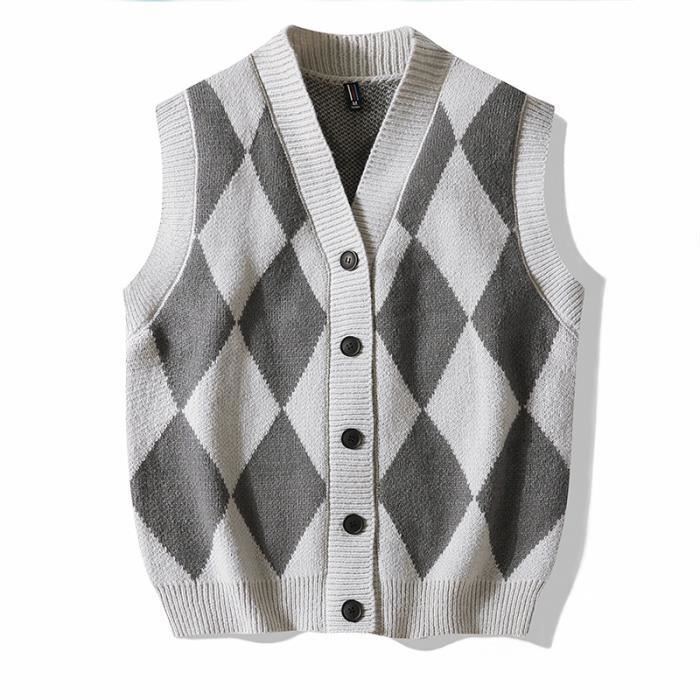 Gilet Pull Homme Tricote sans Manche Col en V Motif Argyle Classique Gris clair