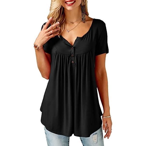 Tunique d'été pour Femmes boutonnée Hauts T-Shirt à Manches Courtes décontracté Ample Longue Chemise Blouse Hauts