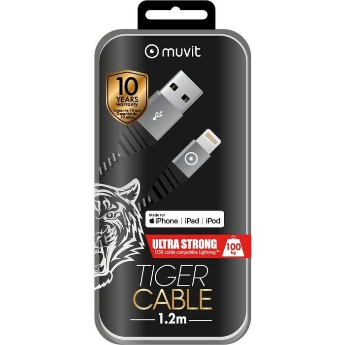 Câble Ultra Résistant MUVIT TIGER USB / Lightning - 1.2 m - Gris