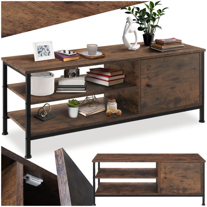 Meuble TV - TECTAKE - Meuble de salon DURBAN en bois et acier 2 compartiments et porte magnétique 110 x 40 x 455 cm - Bois foncé