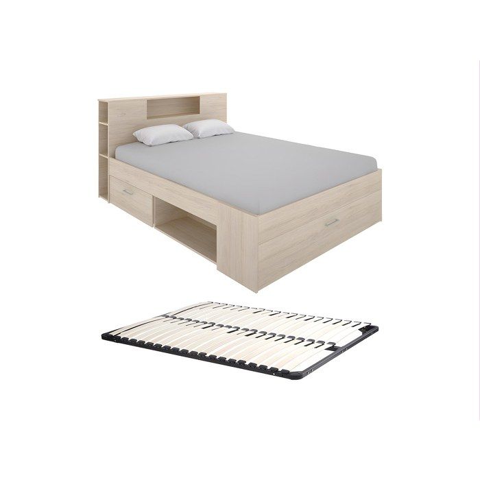 Lit avec tête de lit rangements et tiroirs - 140 x 190 cm - Coloris : Naturel + Sommier - LEANDRE