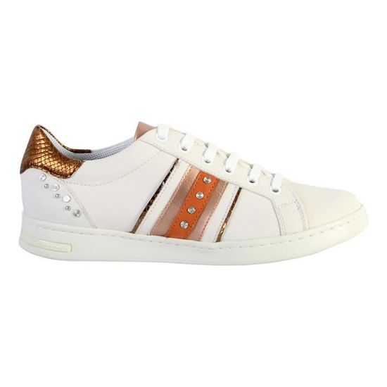 Basket Cuir Geox Jaysen Femme Blanc Marron Rond A lacets Lacets plats Confort exceptionnel
