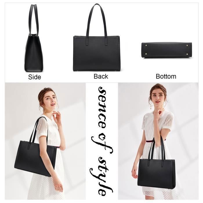 Grand Sac à Main Femme en Cuir PU Rigide - Sac Elégant avec Poches  Multiples pour Ville Travail - Noir