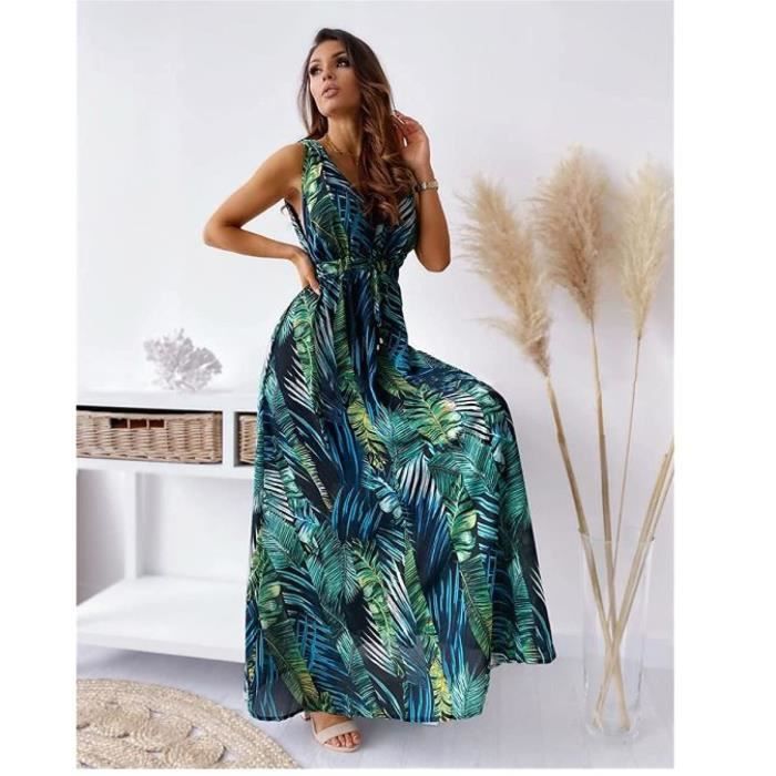 Robe Longue Boheme Femme Col V Taille Haute Imprime Cocktail Sans Manches Ete Elegant verte XXL