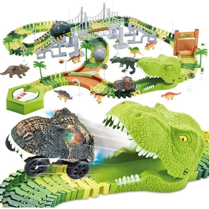 Circuit De Dinosaures 216 Pièces – 8 Figurines + 1 Voiture, Piste Flexible – Jouet éducatif 3-6 Ans – Cadeau Garçon Fille