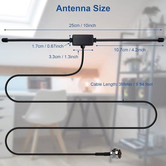 Antenne FM/DAB Dipôle 75 Ohms – Câble 3 M, Adaptateurs Inclus – Pour Hi-fi, Home Cinéma, Radio Intérieure