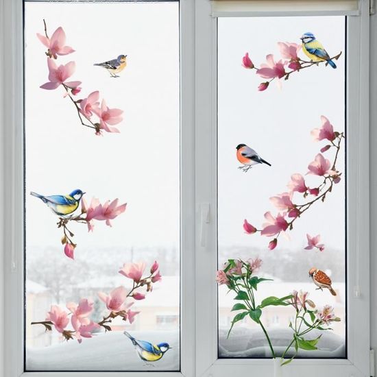 Autocollants Fenêtre Vigne Et Oiseaux - 8 Feuilles 21x30cm - Anti-Collision Réutilisable