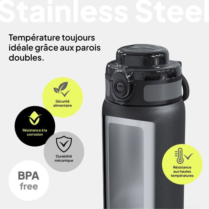Bouteille isotherme de 1 L en acier inoxydable à isolation sous vide avec verre Bouteille isotherme de 1 L en acier inoxydable à isolation sous vide avec verre