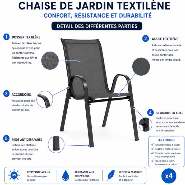 LIFERUN Lot De 4 Chaises Jardin Empilables Dossier Haut - Textilène Acier Gris Lin - 150kg