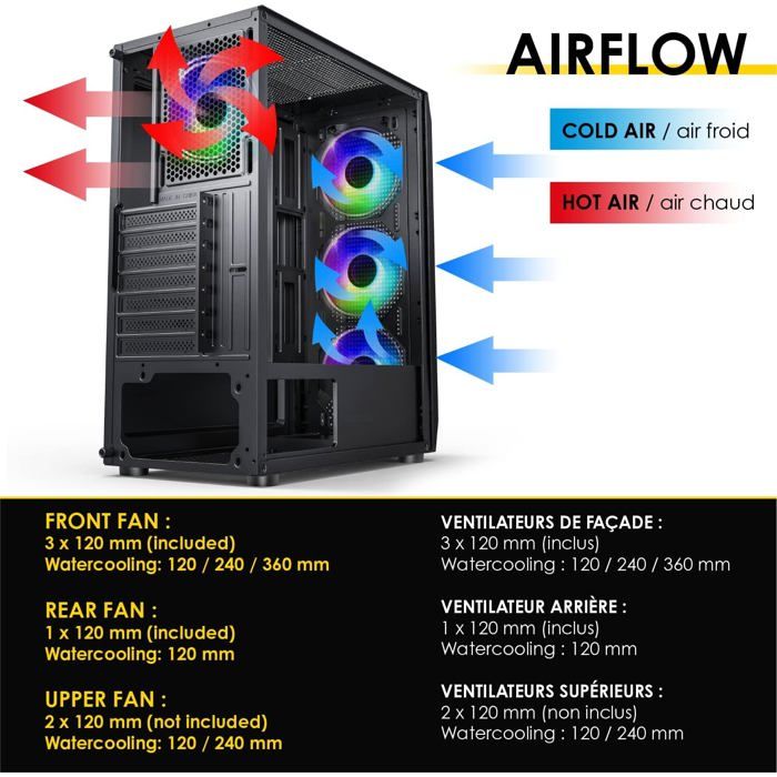 GAMDIAS PC Gamer Boitier, Boîtiers Gaming ATX Moyen Tour Vide, Airflow Mesh Case, 3 Ventilateurs ARGB de 120 mm Intégrés, Verre Trempé Latéral, Noir