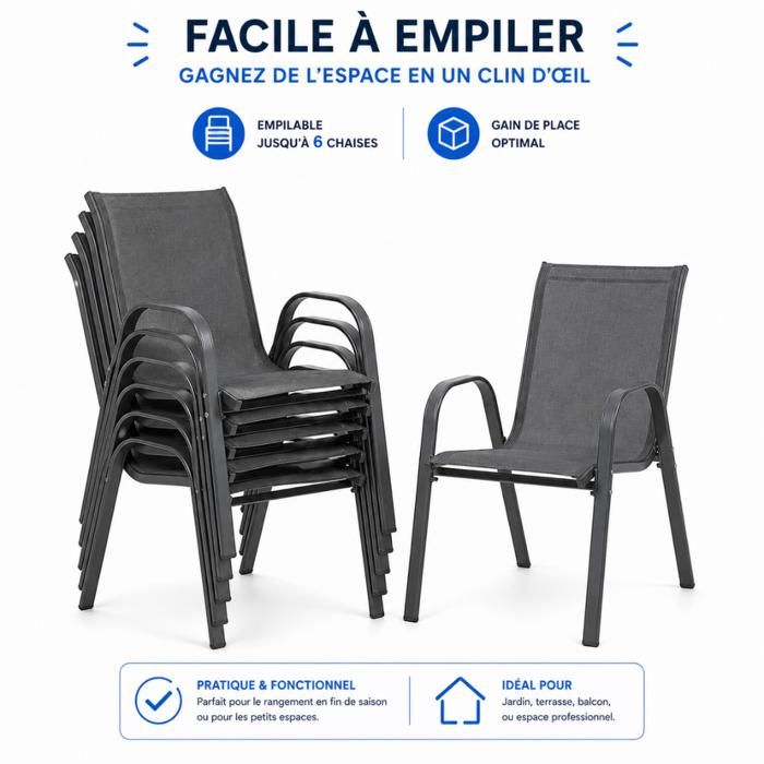 TERRE JARDIN Lot De 6 Chaises De Jardin Empilables - Textilène Haute Densité - Noires - Confortables Extérieur