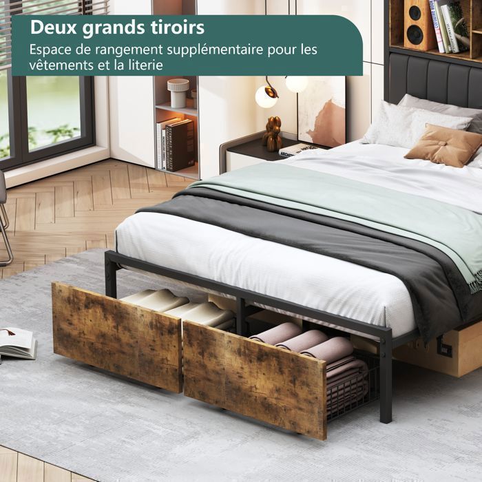 Lit Combiné 140 X 200 Cm Avec 2 Tiroirs, Rangements Intégrés Et Table De Chevet Banquette Canape Bois De Pin Et Mdf Blanc
