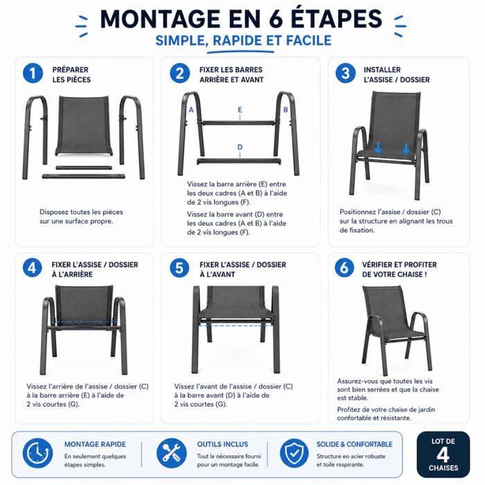 TERRE JARDIN - Chaises de Jardin, Lot de 6 - Chaises Empilables - Noires, en Textilène Haute Densité pour Extérieur - Confortables et Design - Unité - Noir