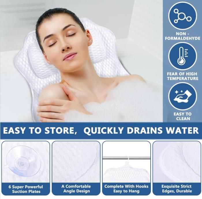 Coussin De Baignoire Ergonomique 4D Air-Mesh - Soutien Tête, Nuque, Dos | Avec 6 Ventouses, Blanc