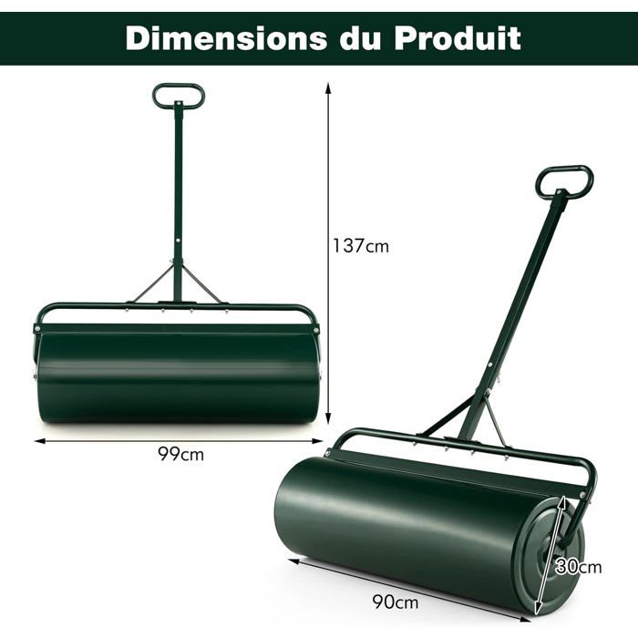 Rouleau à Gazon à Main 57 Cm 46L - Rouleau De Jardin En Métal Rechargeable Eau Ou Sable - Vert